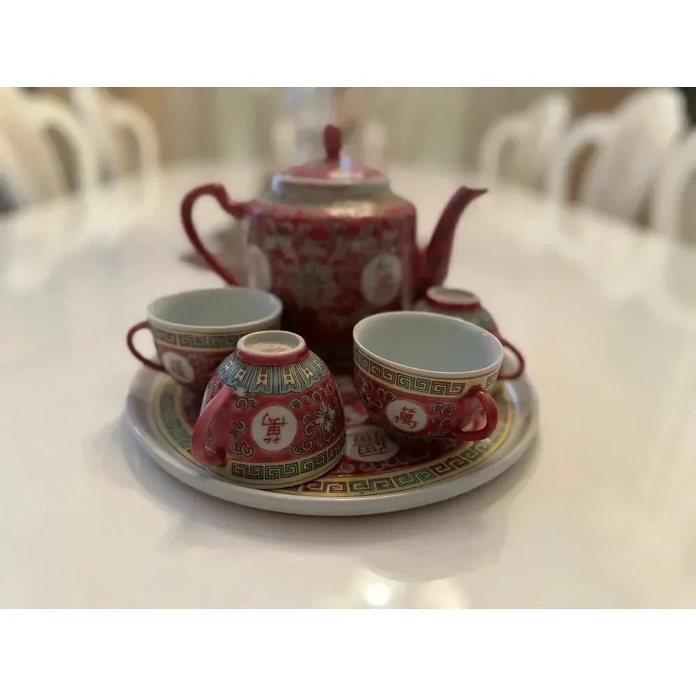 Chinese Wan Shou Wu Jiang Red Enamel Tea Set